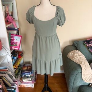 Altar'd State Sage Puff-Sleeve Tiered Mini Dress
